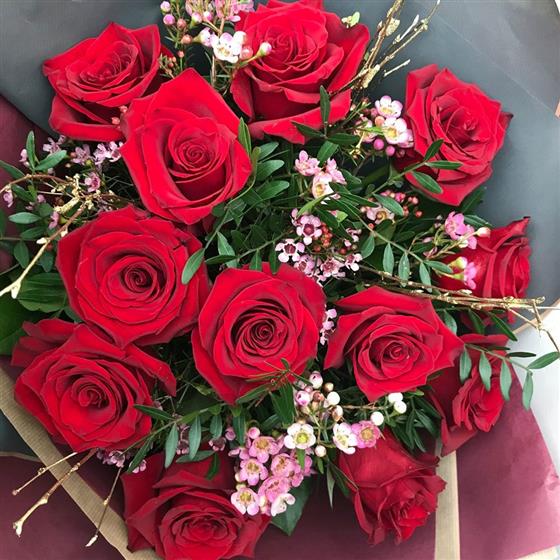 Romantic 12 Red Rose Hand Tied Bouquet